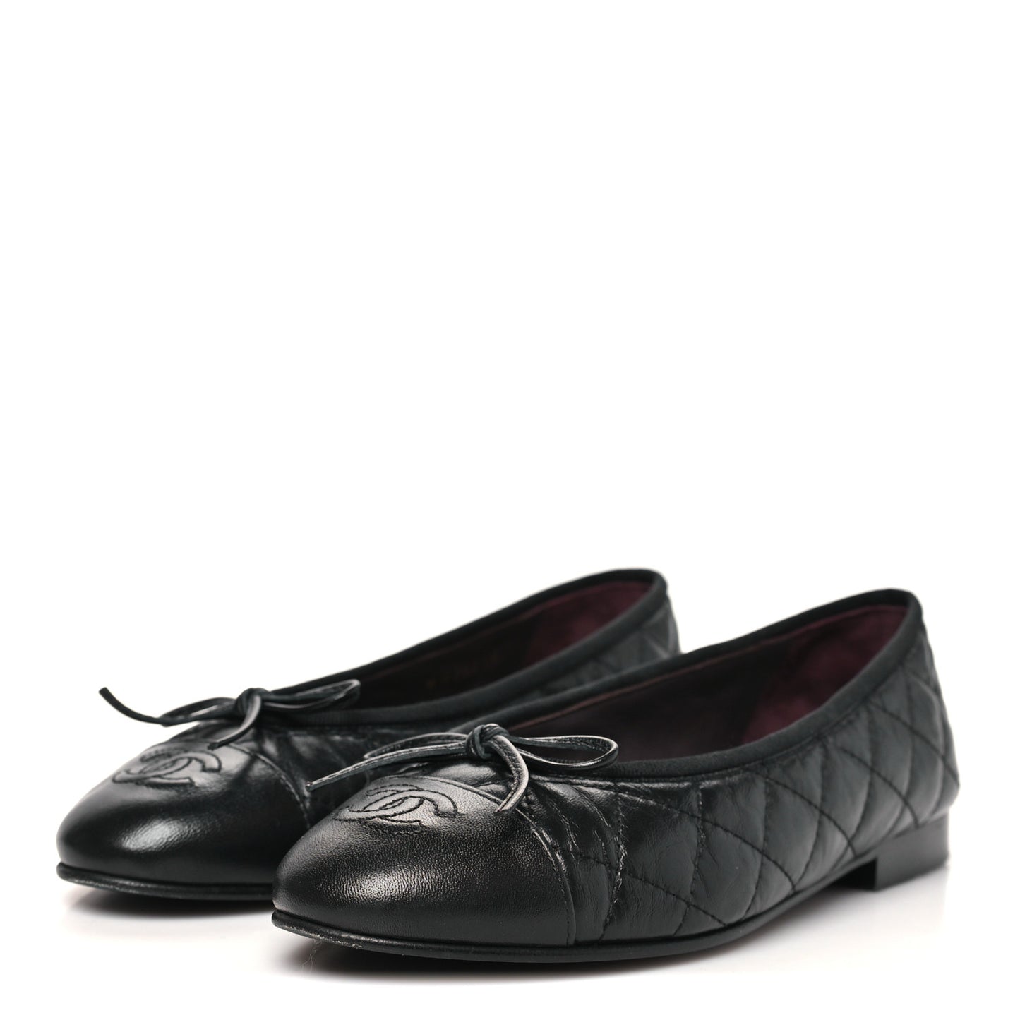 Aged Calfskin Quilted CC Cap Toe Ballerina Flats 35 Black