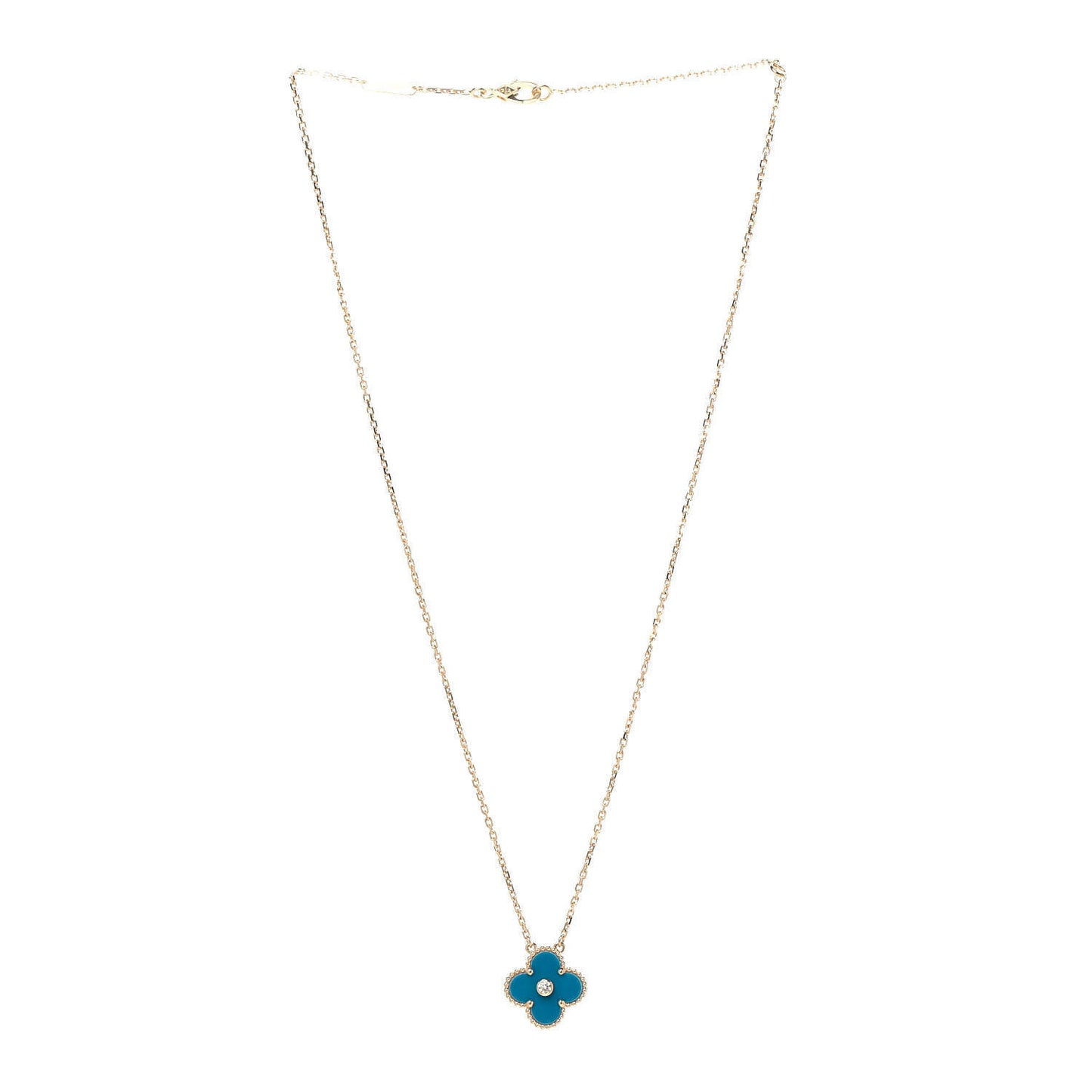 18K Yellow Gold Diamond Celestial Blue Sevres Porcelain Vintage Alhambra Pendant Necklace