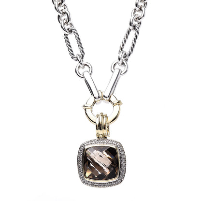 David Yurman Sterling Silver 18K Yellow Gold Diamond Smoky Quartz 14mm Albion Figaro Chain Pendant Necklace 3 of 6