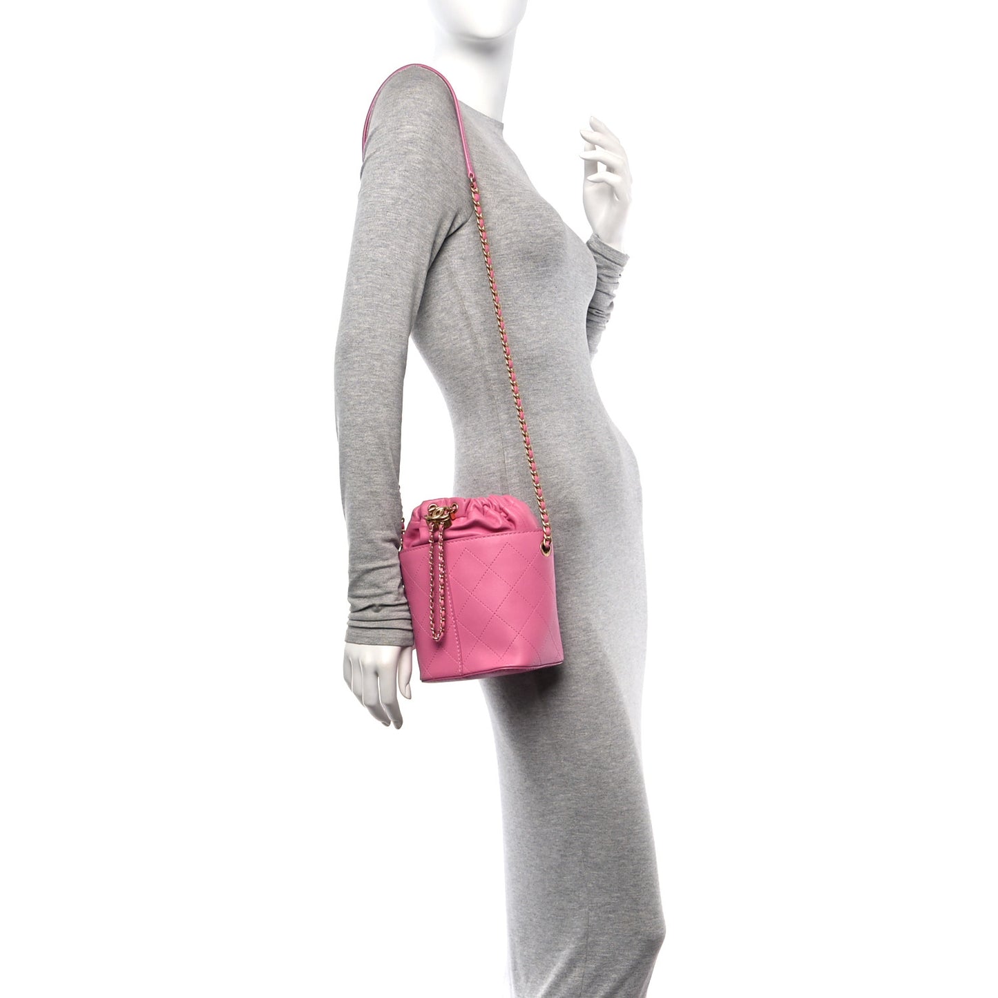 Calfskin Small CC Chain Bucket Drawstring Bag Pink