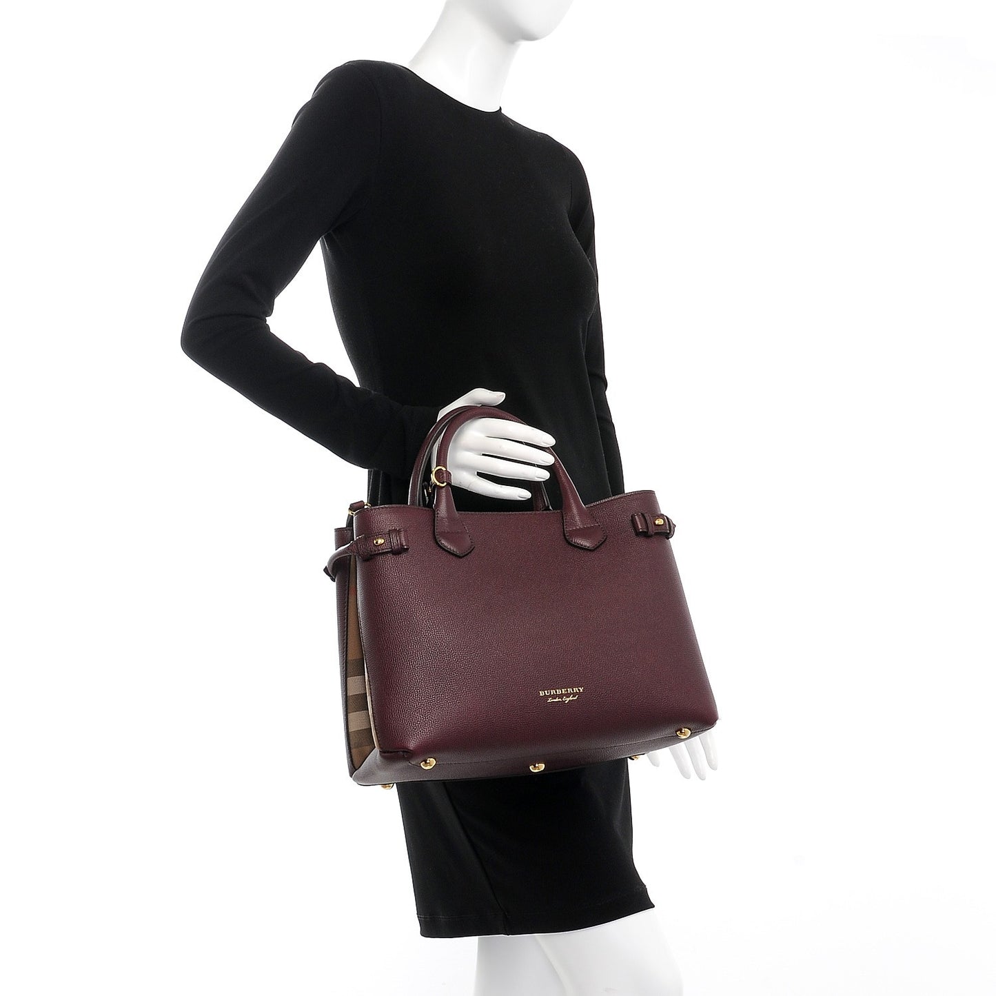 Grainy Calfskin House Check Medium Banner Tote Mahogany Red