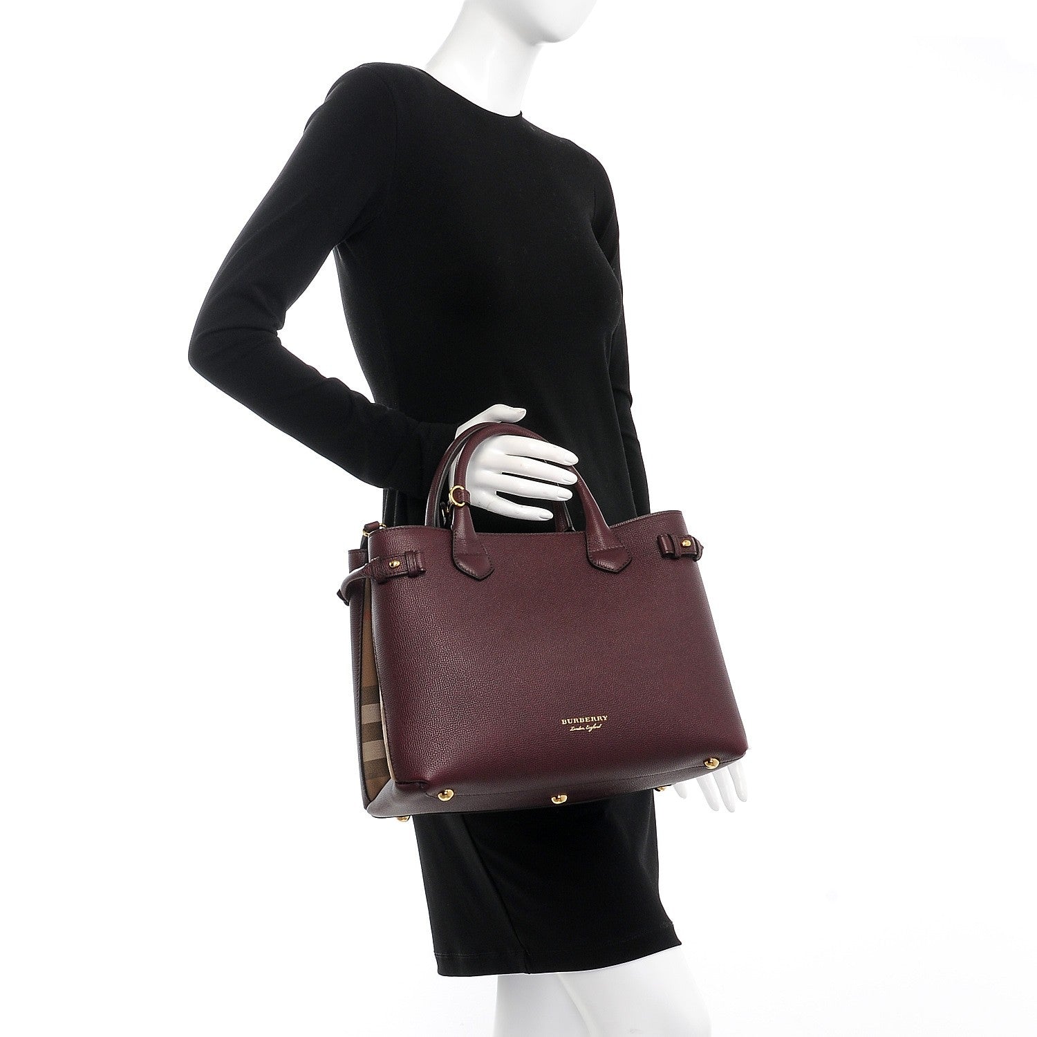 Burberry Grainy Calfskin House Check Medium Banner Tote Mahogany Red 3 of 9