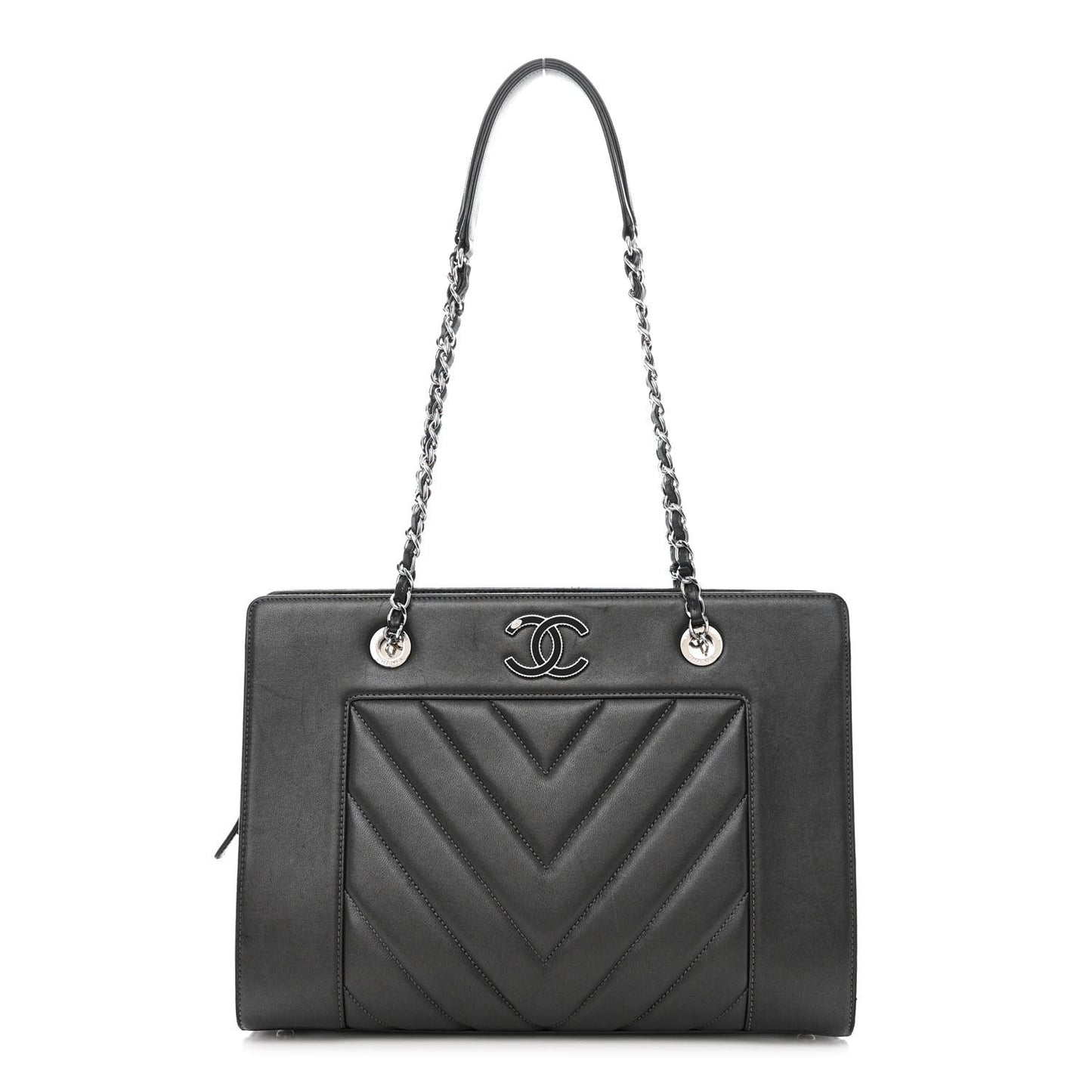 Sheepskin Chevron Quilted Mademoiselle Vintage Shopping Tote Dark Grey