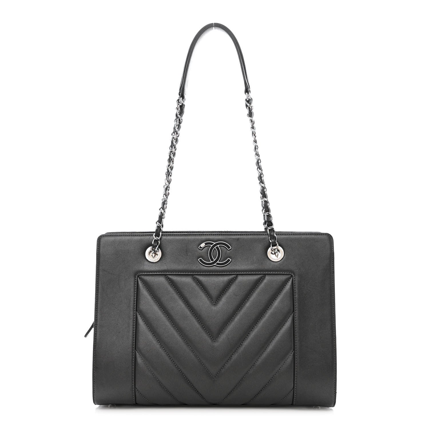 Chanel Sheepskin Chevron Quilted Mademoiselle Vintage Shopping Tote Dark Grey 1 of 12