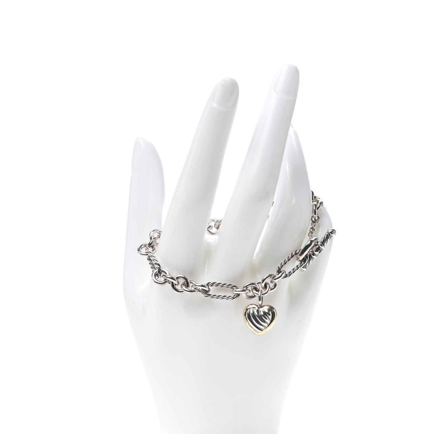 Sterling Silver 18K Yellow Gold Cable Heart Charm Bracelet