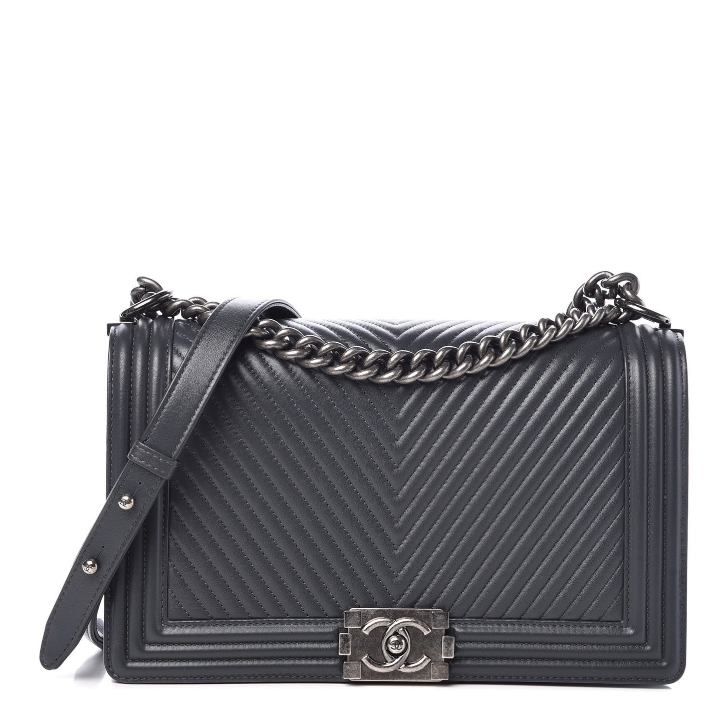 Calfskin Chevron Quilted New Medium Boy Flap Dark Grey