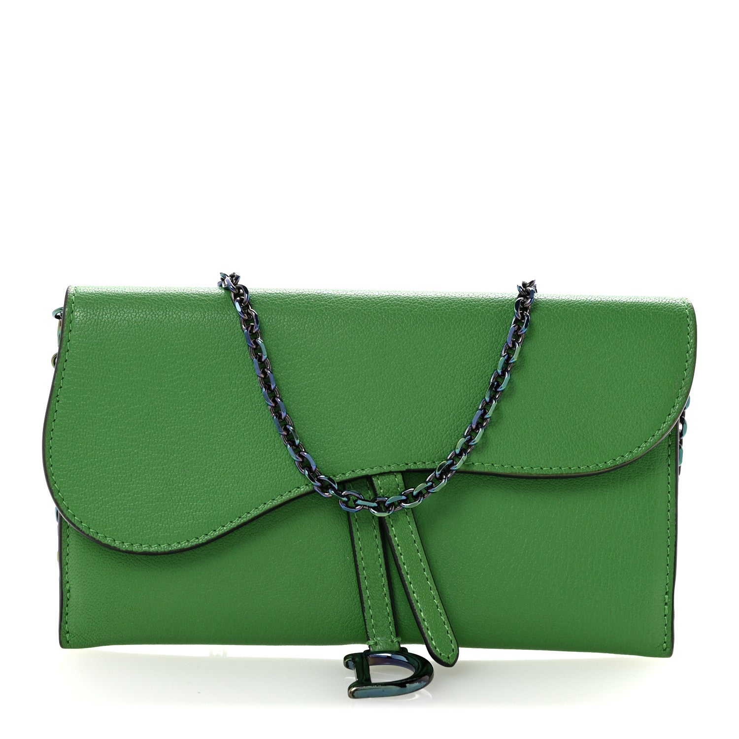 Christian Dior Goatskin Saddle Chain Wallet Pouch Bright Green 1 of 13