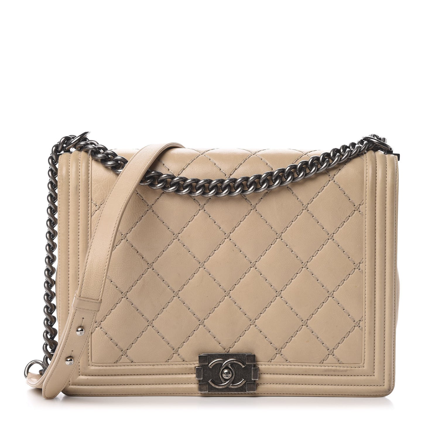 Calfskin Double Stitch Large Boy Flap Beige
