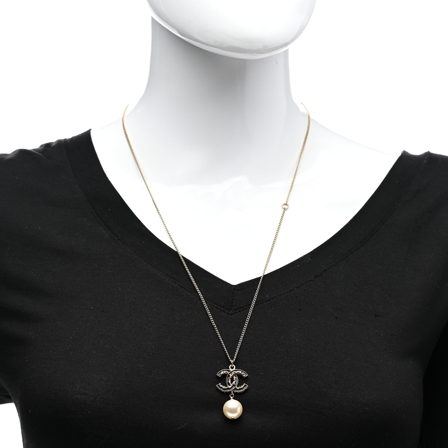 Enamel Pearl CC Baroque Drop Necklace Black Gold