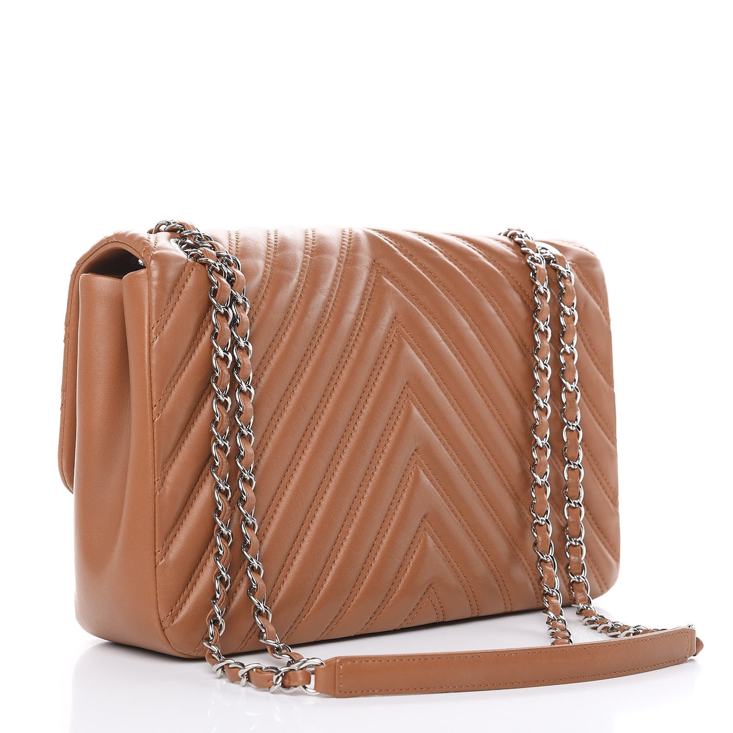 Lambskin Chevron Double Stitch Jumbo Single Flap Camel