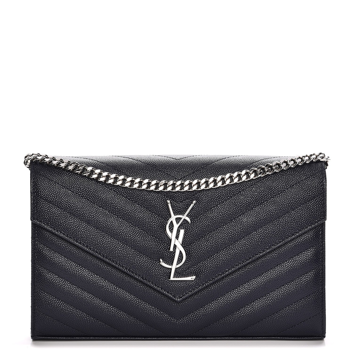 Saint Laurent Grain de Poudre Matelasse Chevron Medium Monogram Chain Wallet Blue 1 of 6