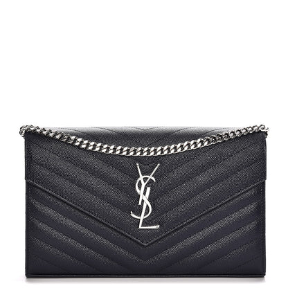 Saint Laurent Grain de Poudre Matelasse Chevron Medium Monogram Chain Wallet Blue 1 of 6