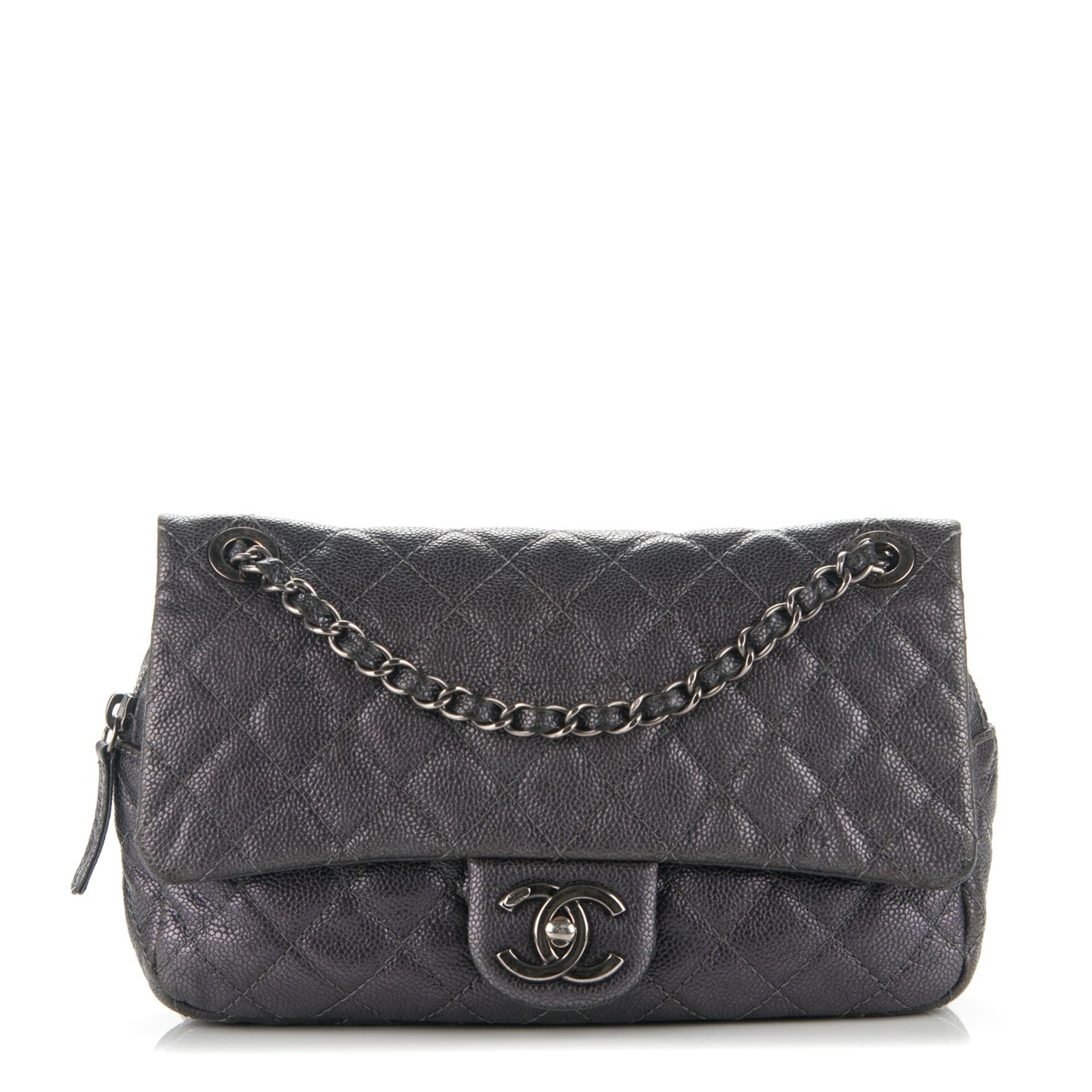 Iridescent Caviar Quilted Small Chic Flap Dark Silver
