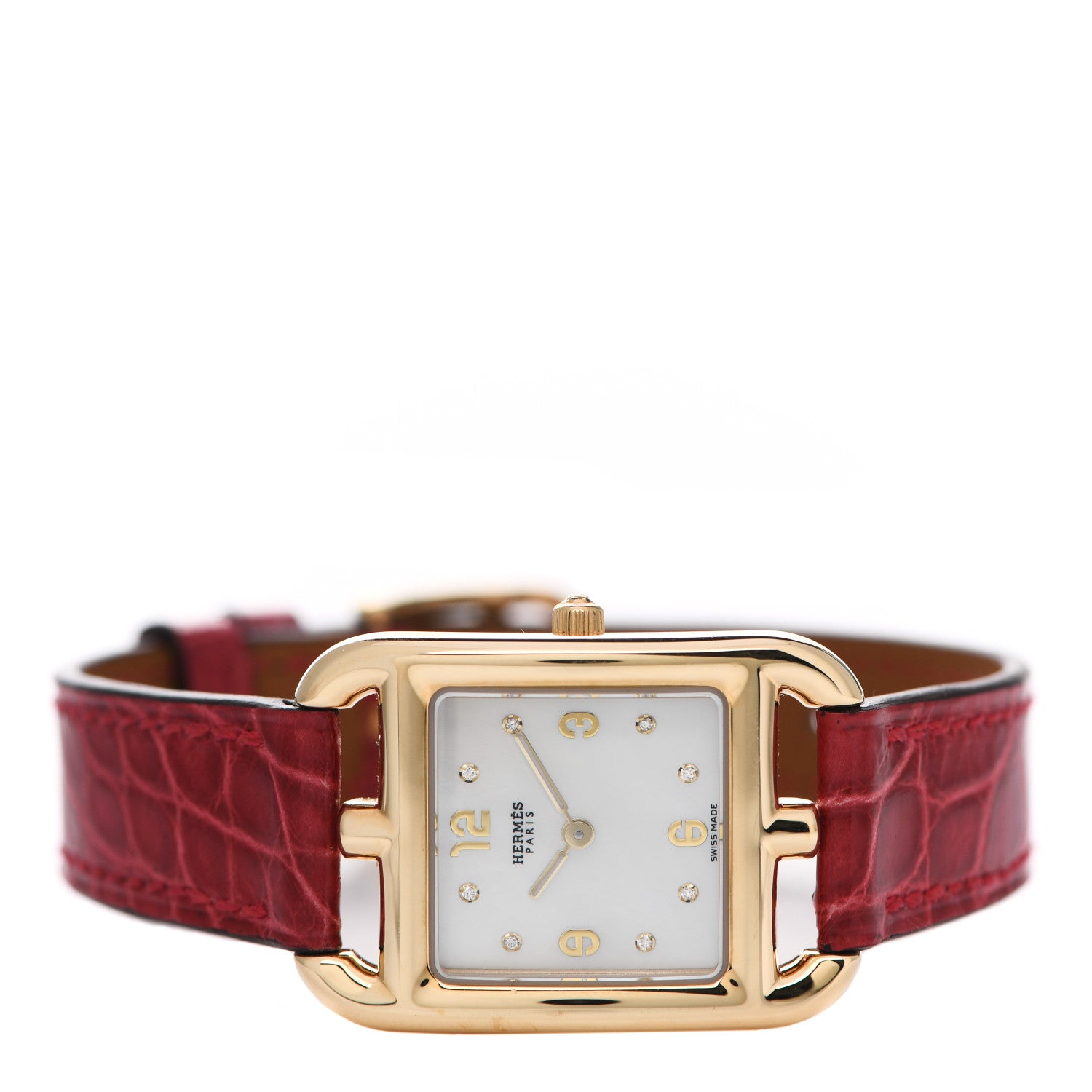 Hermes 18K Yellow Gold Alligator Diamond Mother of Pearl 23mm Cape Cod Quartz Watch Braise 2 of 5