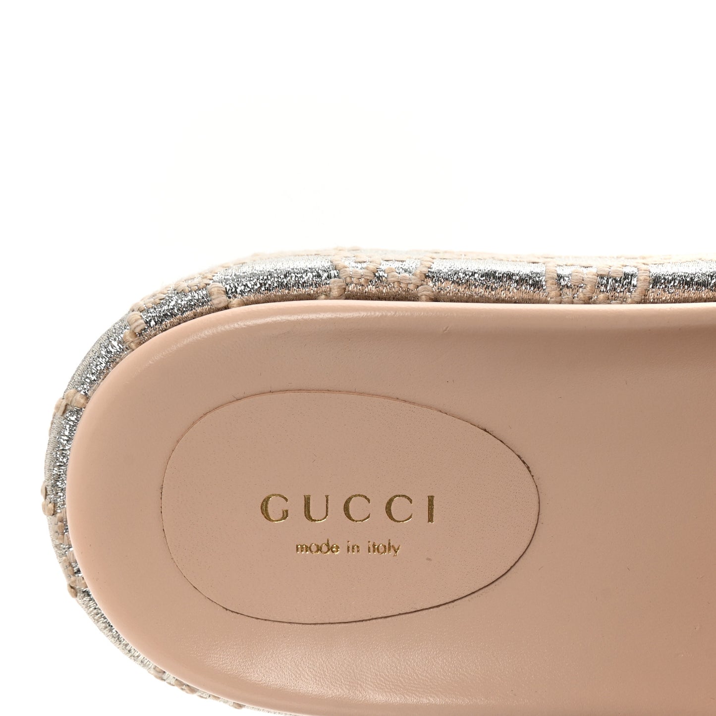 Lame Heritage GG Monogram Angelina Platform 55mm Slide Sandals 39 Silver Beige
