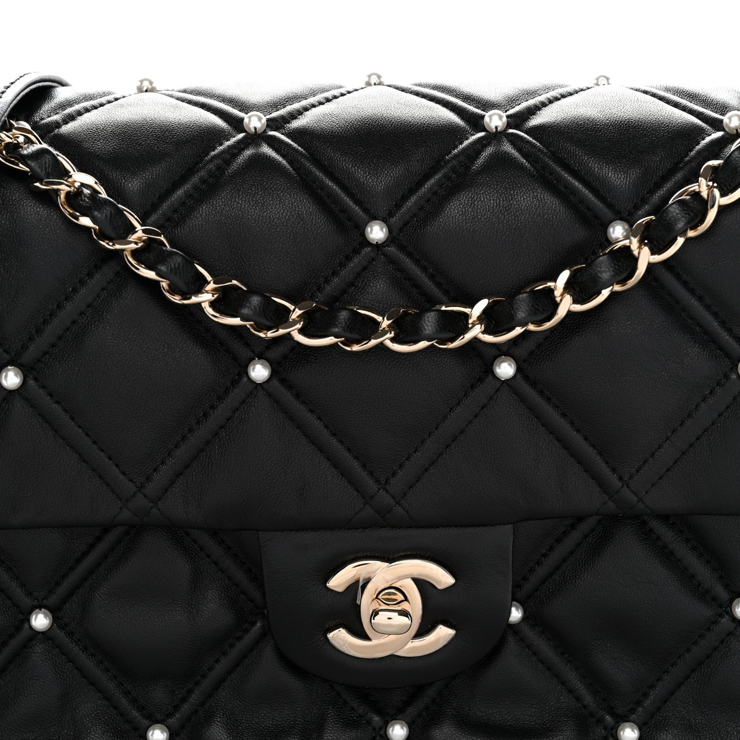 Lambskin Quilted Pearl Studded Flap Black