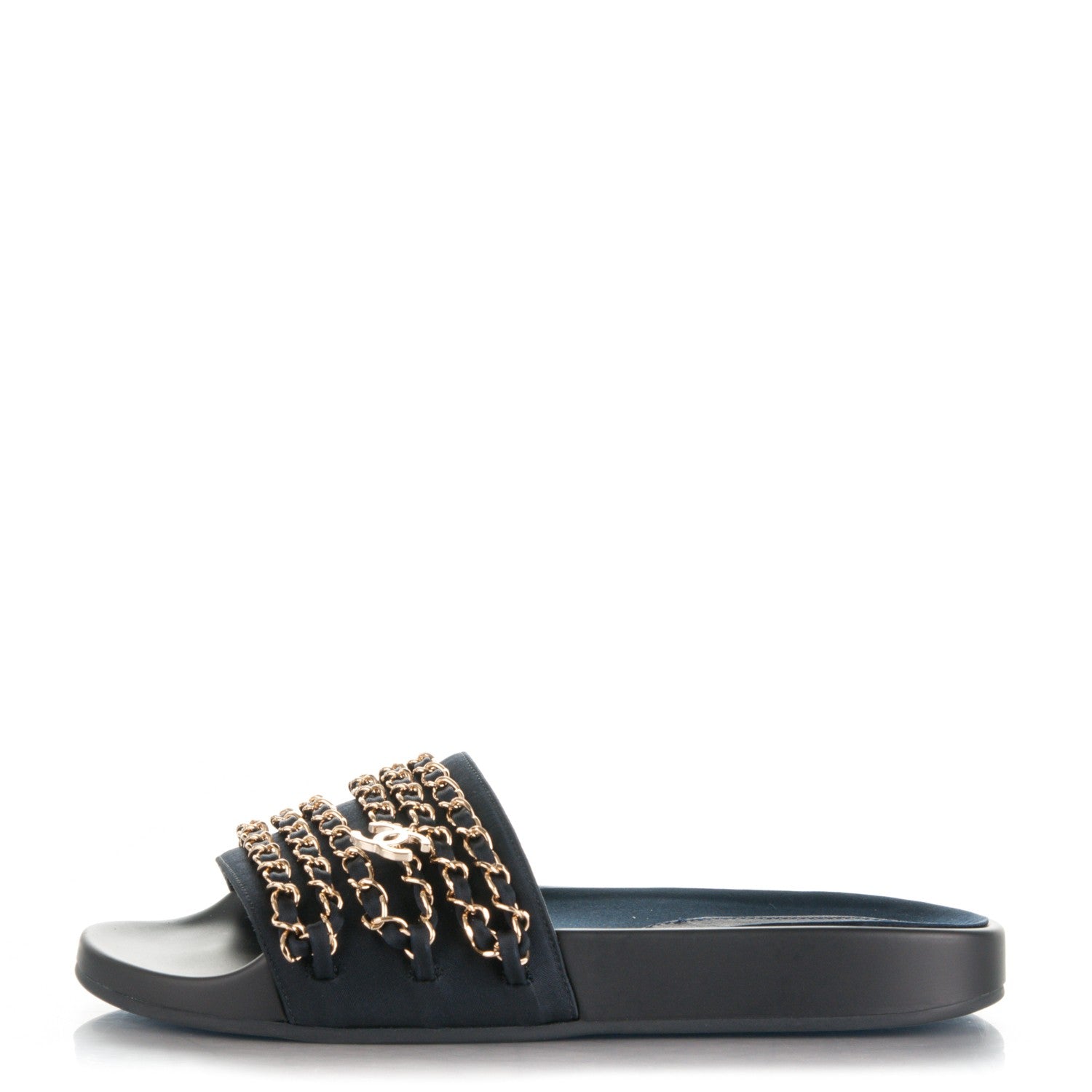 Chanel Lambskin Canvas Chain Flat Sandals 37 Marine 1 of 7