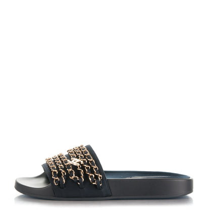 Chanel Lambskin Canvas Chain Flat Sandals 37 Marine 1 of 7