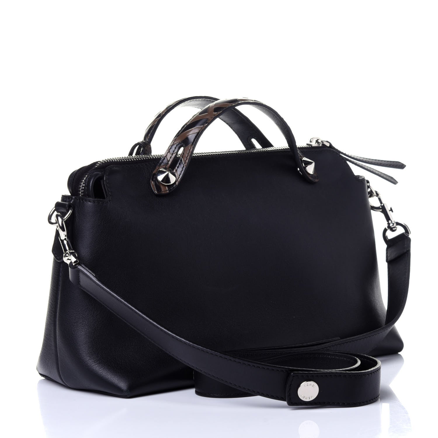 Fendi Vitello Dolce Bi-Color FF 1974 Embossed Medium By The Way Boston Bag Black Maya 4 of 11