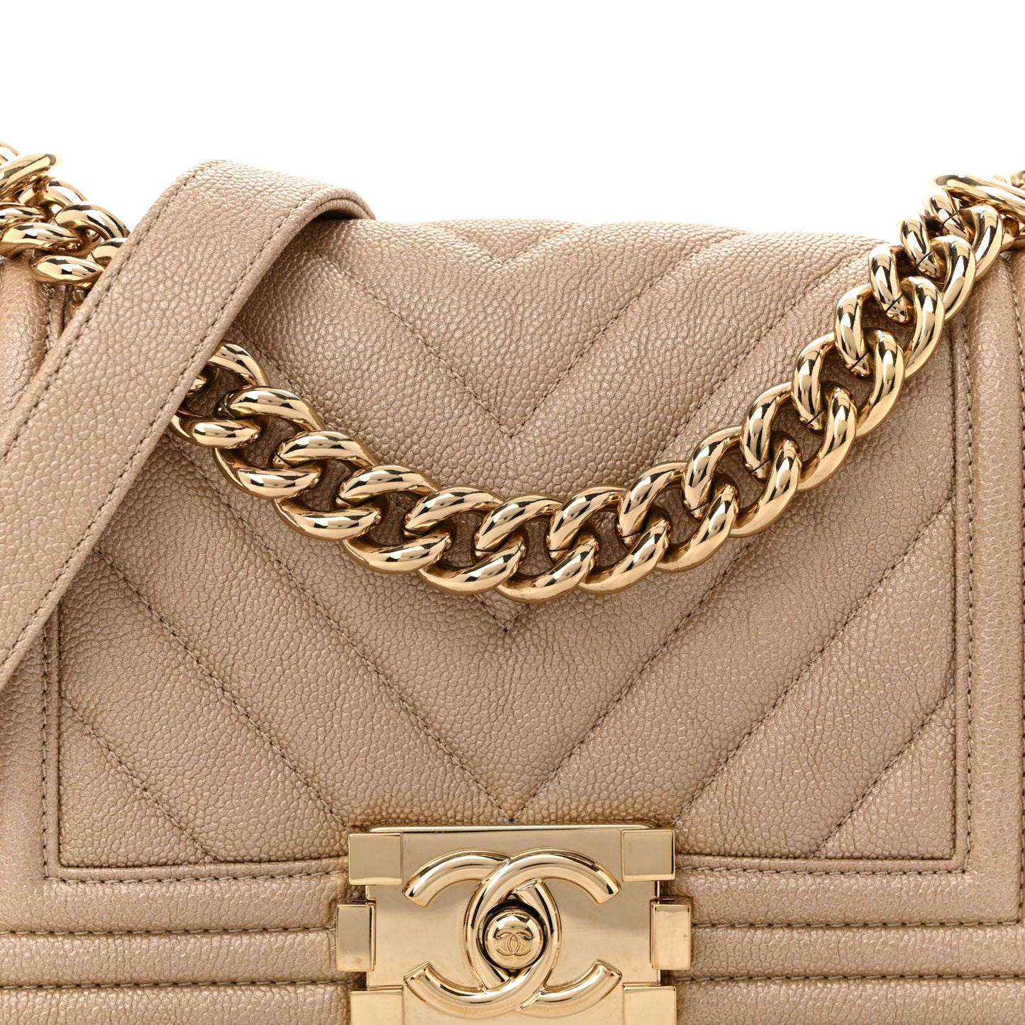 Iridescent Caviar Chevron Quilted Small Boy Flap Beige