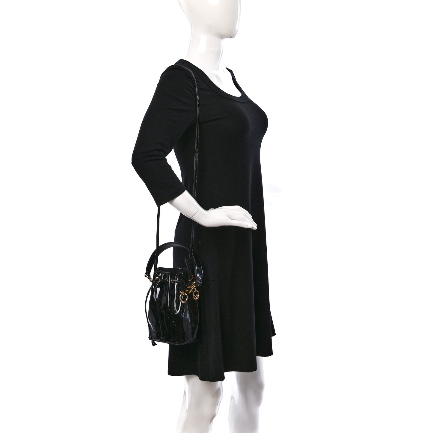 Vitello Vernice Mou F is Fendi Karligraphy Embossed Mini Mon Tresor Bucket Bag Black