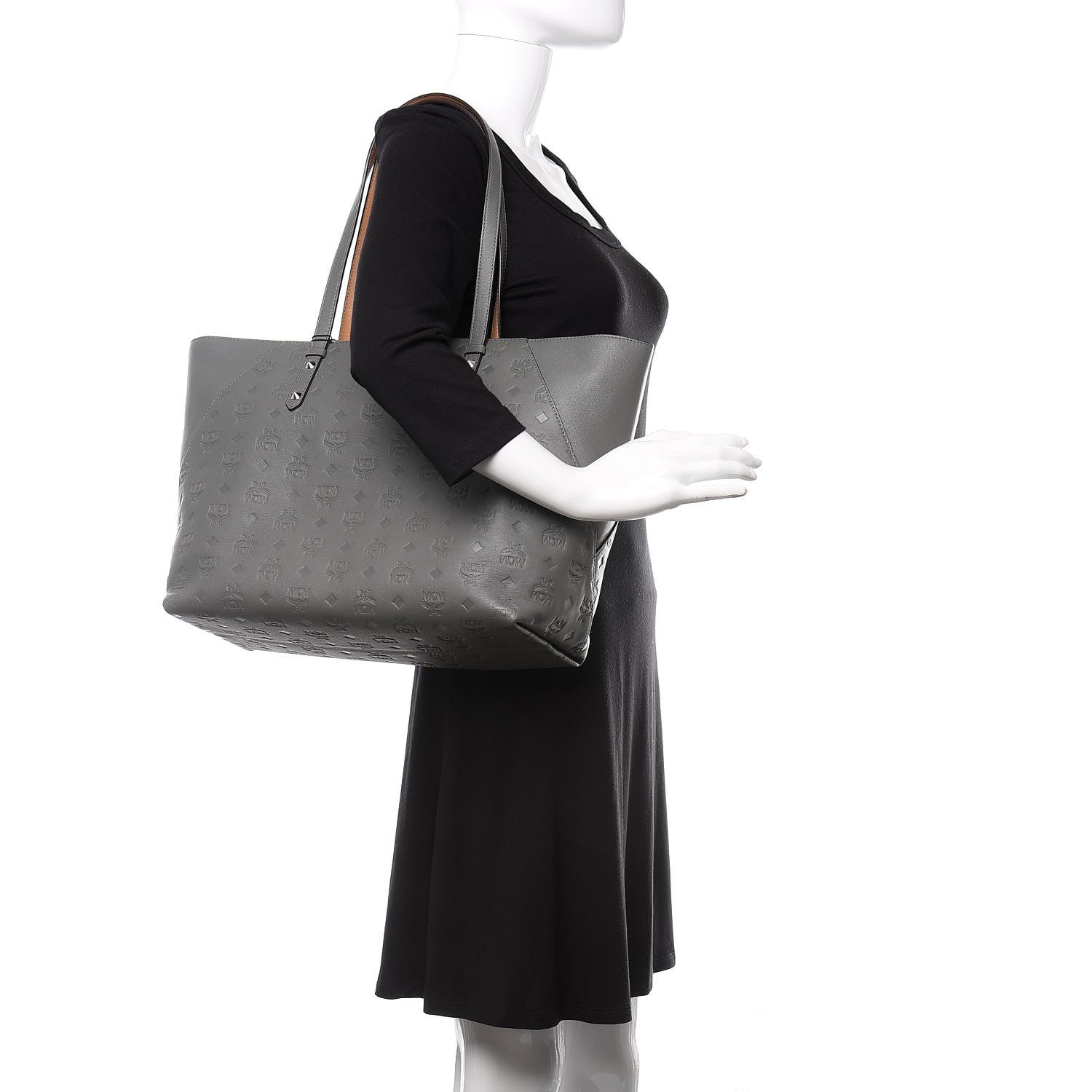 MCM Calfskin Ottomar Monogram Medium Klara Top Zip Tote Charcoal 3 of 9