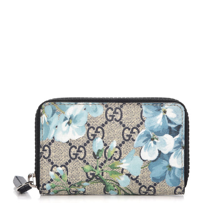 Gucci GG Supreme Monogram Blooms Zip Around Card Case Wallet Beige Blue Navy 1 of 7