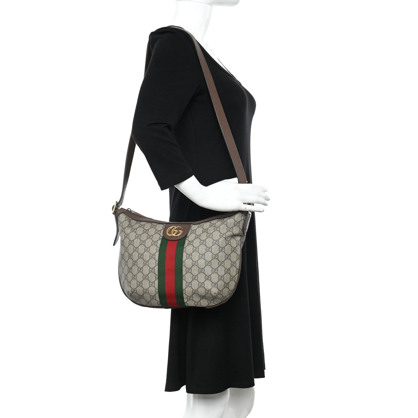 GG Supreme Monogram Web Small Ophidia Half Moon Hobo Brown