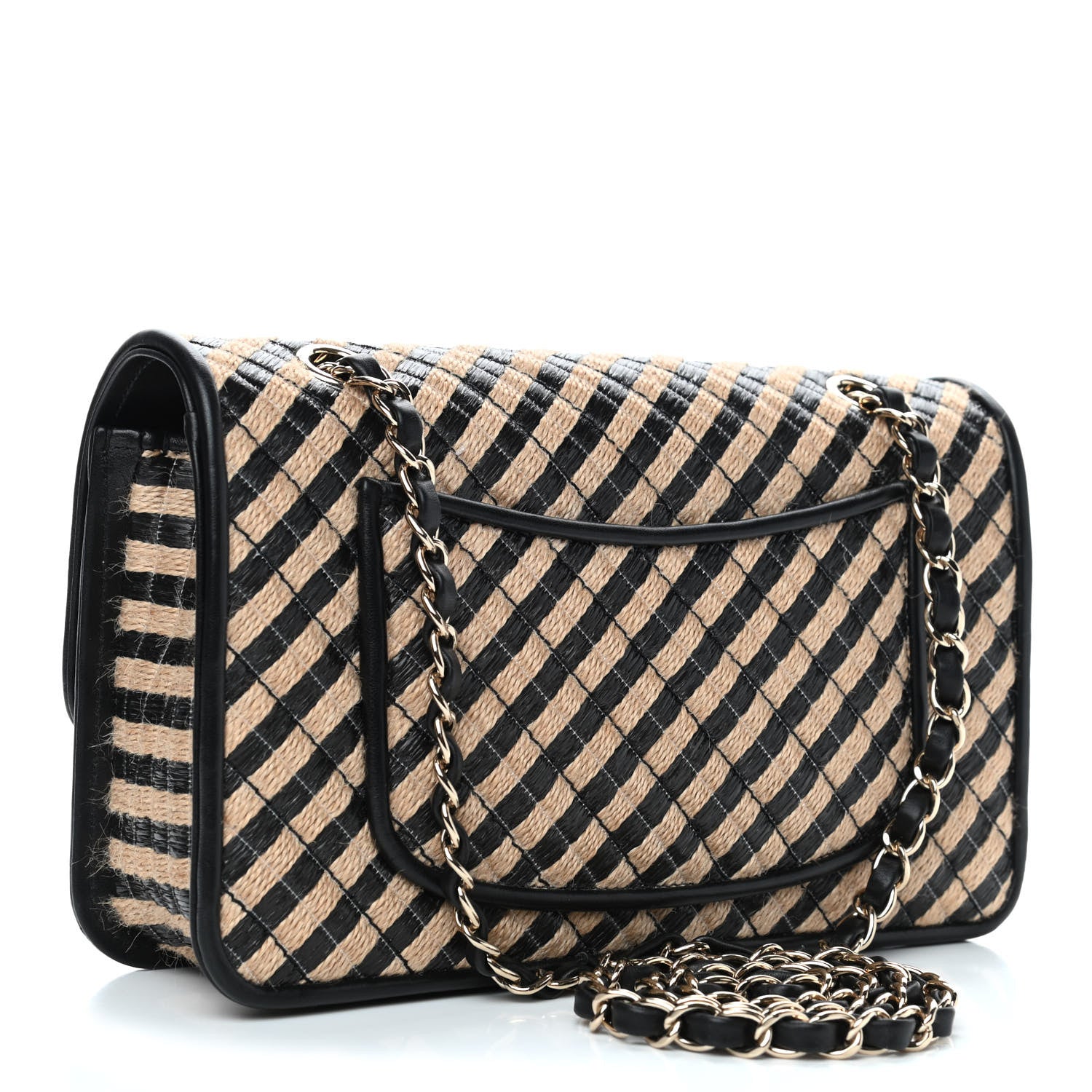 Chanel Raffia Jute Striped Medium Single Flap Black Beige 3 of 8