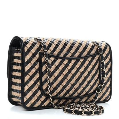 Chanel Raffia Jute Striped Medium Single Flap Black Beige 3 of 8