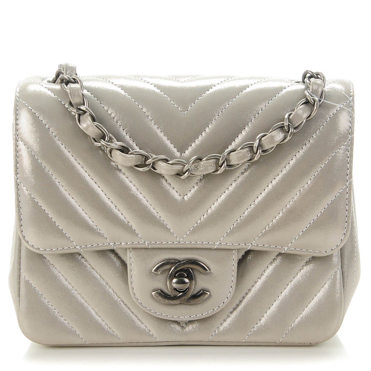 Iridescent Calfskin Chevron Quilted Mini Square Flap Silver