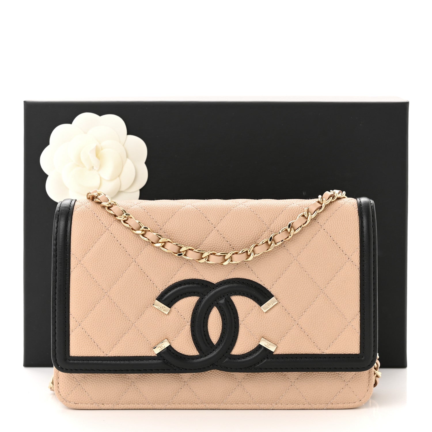 Chanel Caviar Quilted CC Filigree Wallet On Chain WOC Beige Black 12 of 12