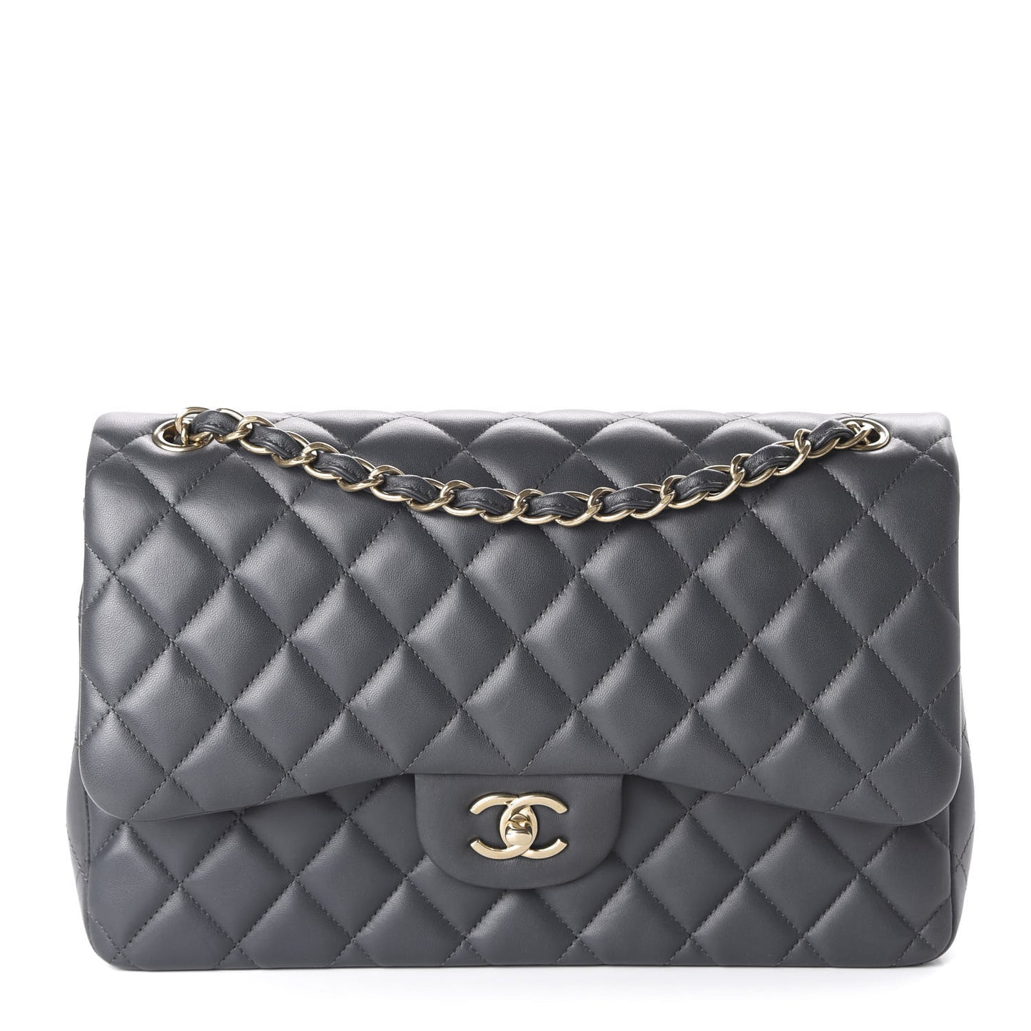 Lambskin Quilted Jumbo Double Flap Charcoal Grey