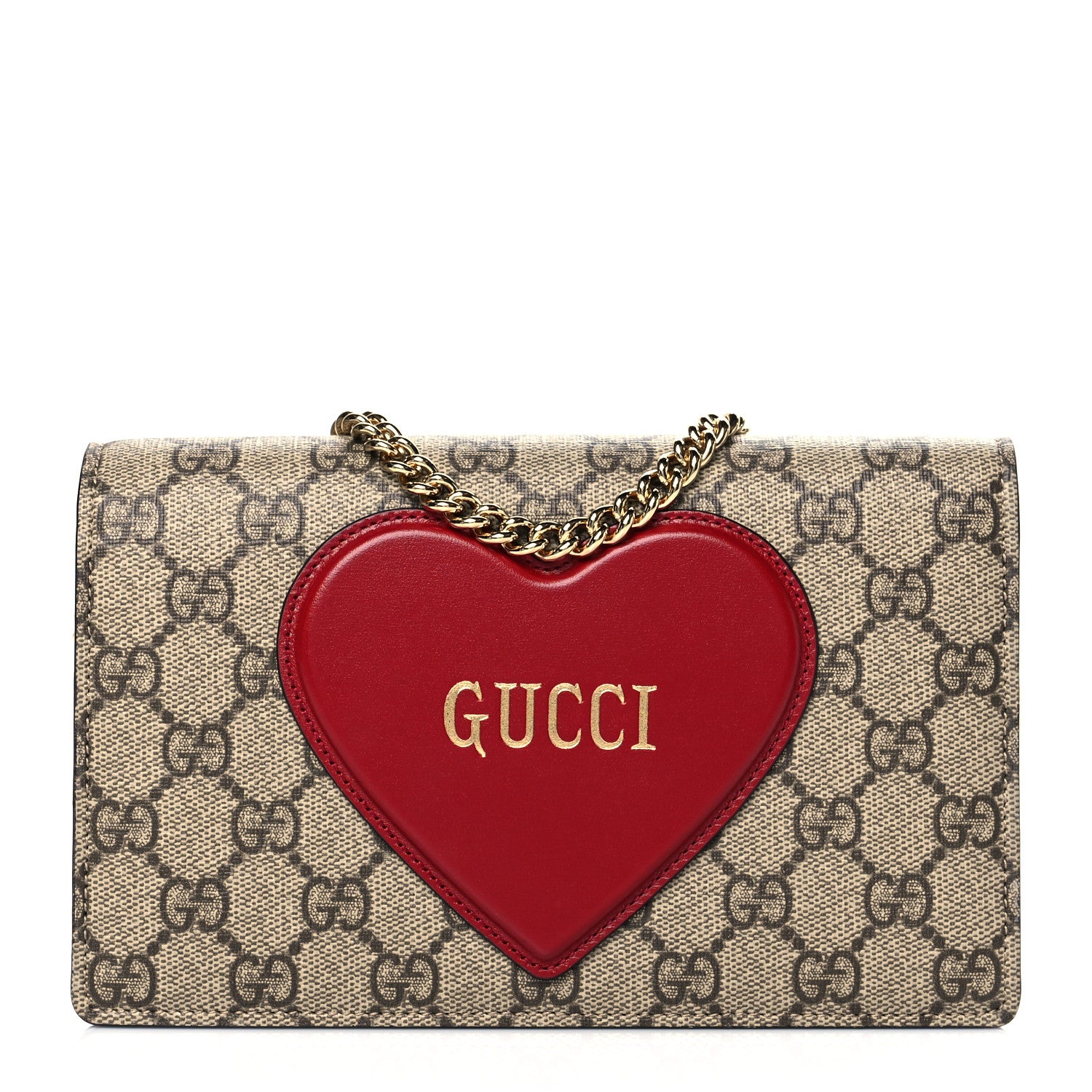 Gucci GG Supreme Monogram Script Logo Heart Wallet on Chain Beige Brown 1 of 10