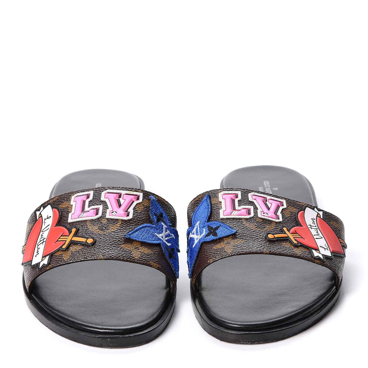 Louis Vuitton Patent Calfskin Monogram LV Black Heart Flat Mules 38 Cacao 2 of 10