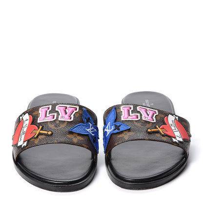 Louis Vuitton Patent Calfskin Monogram LV Black Heart Flat Mules 38 Cacao 2 of 10