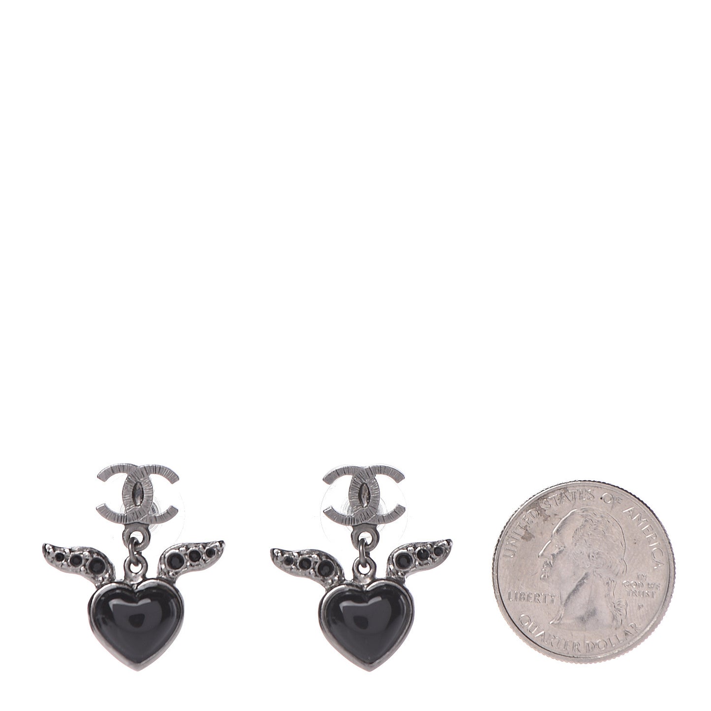 Enamel Crystal Heart CC Drop Earrings Black Silver