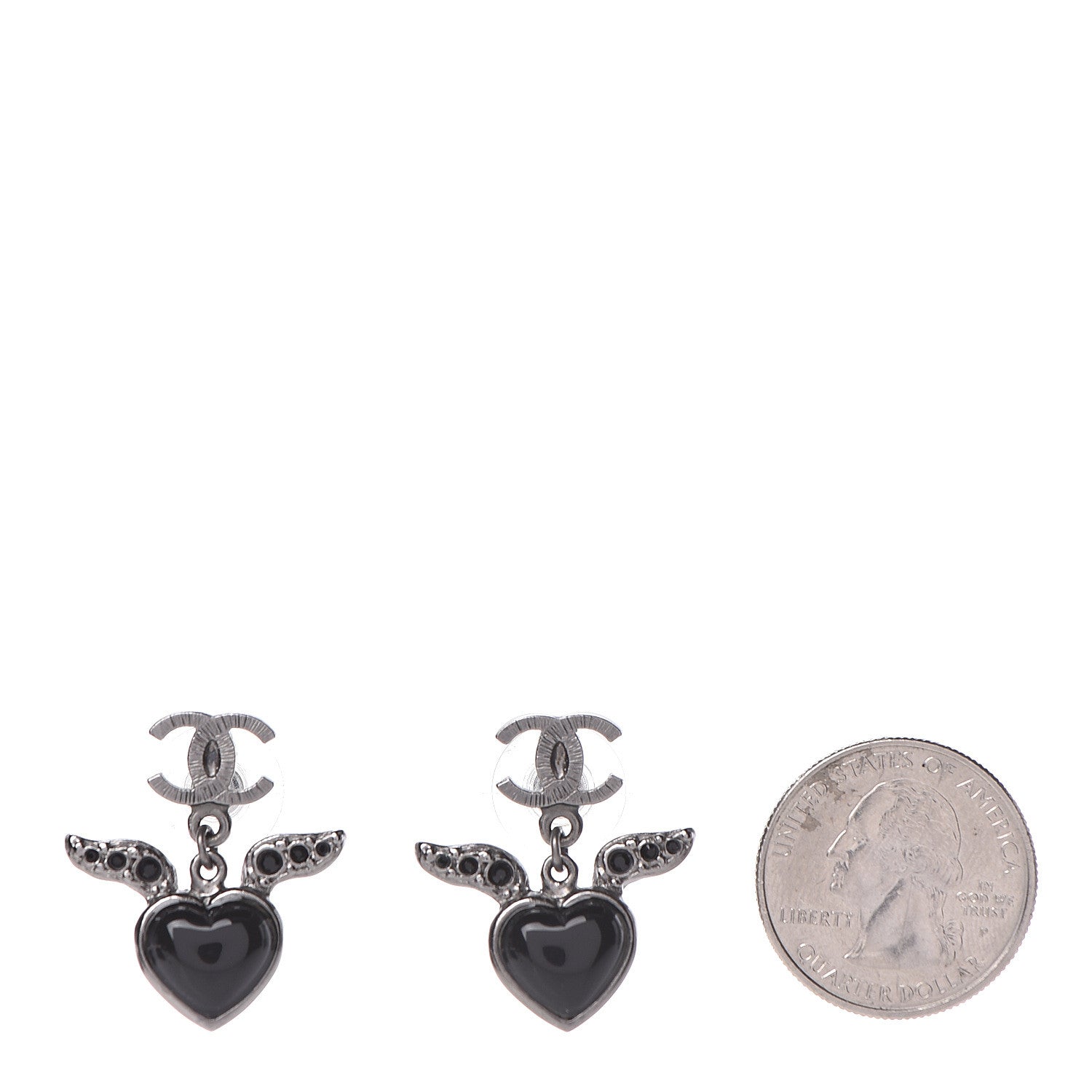 Chanel Enamel Crystal Heart CC Drop Earrings Black Silver 2 of 5