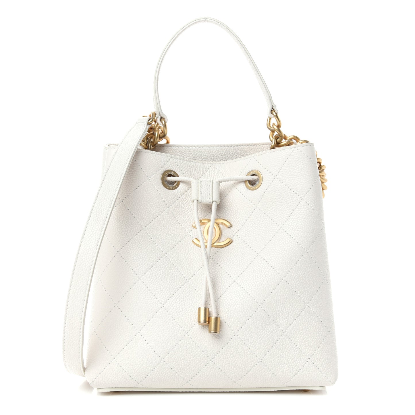 Grained Calfskin Stitched Small Drawstring Bag White