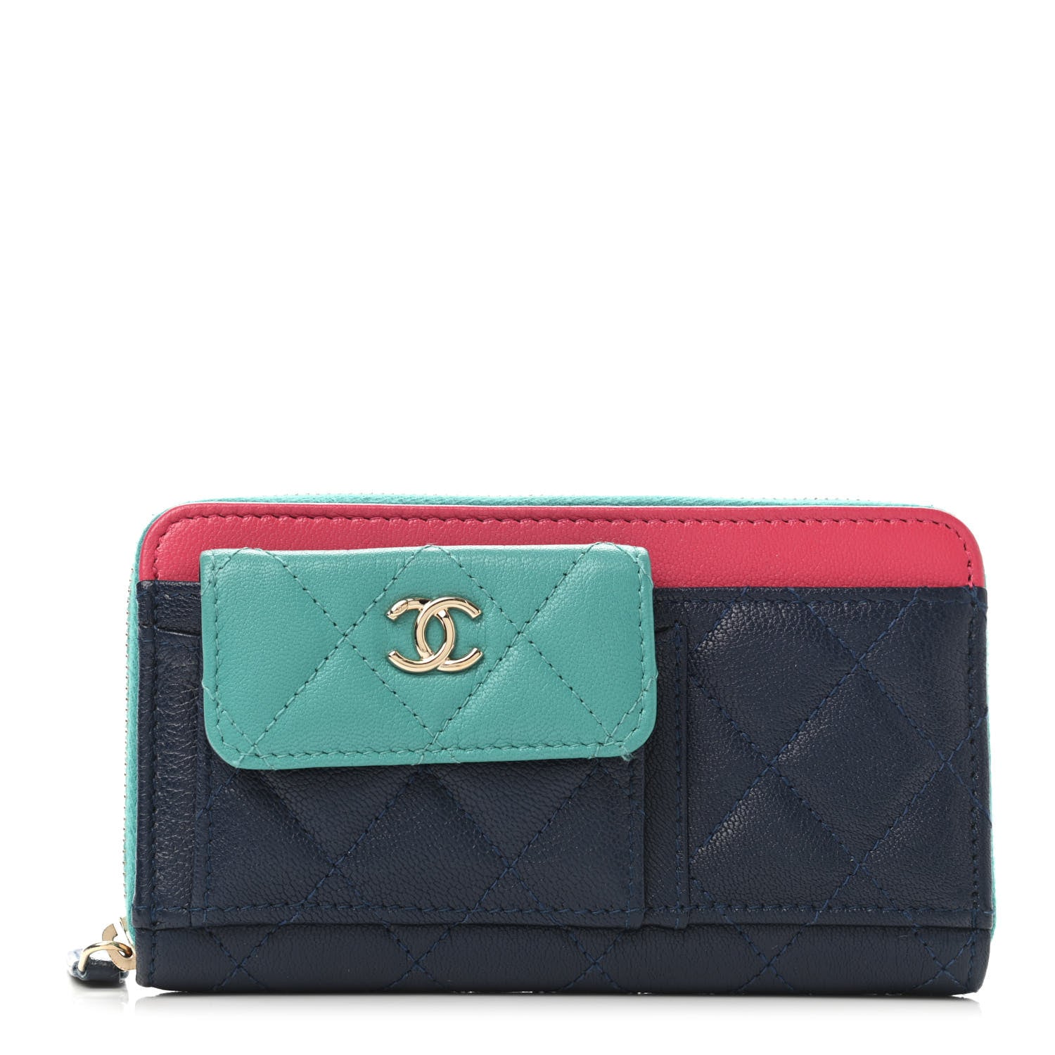 Chanel Goatskin Quilted Tri-Color In & Out Zip Around Wallet Navy Turquoise Pink 1 of 4
