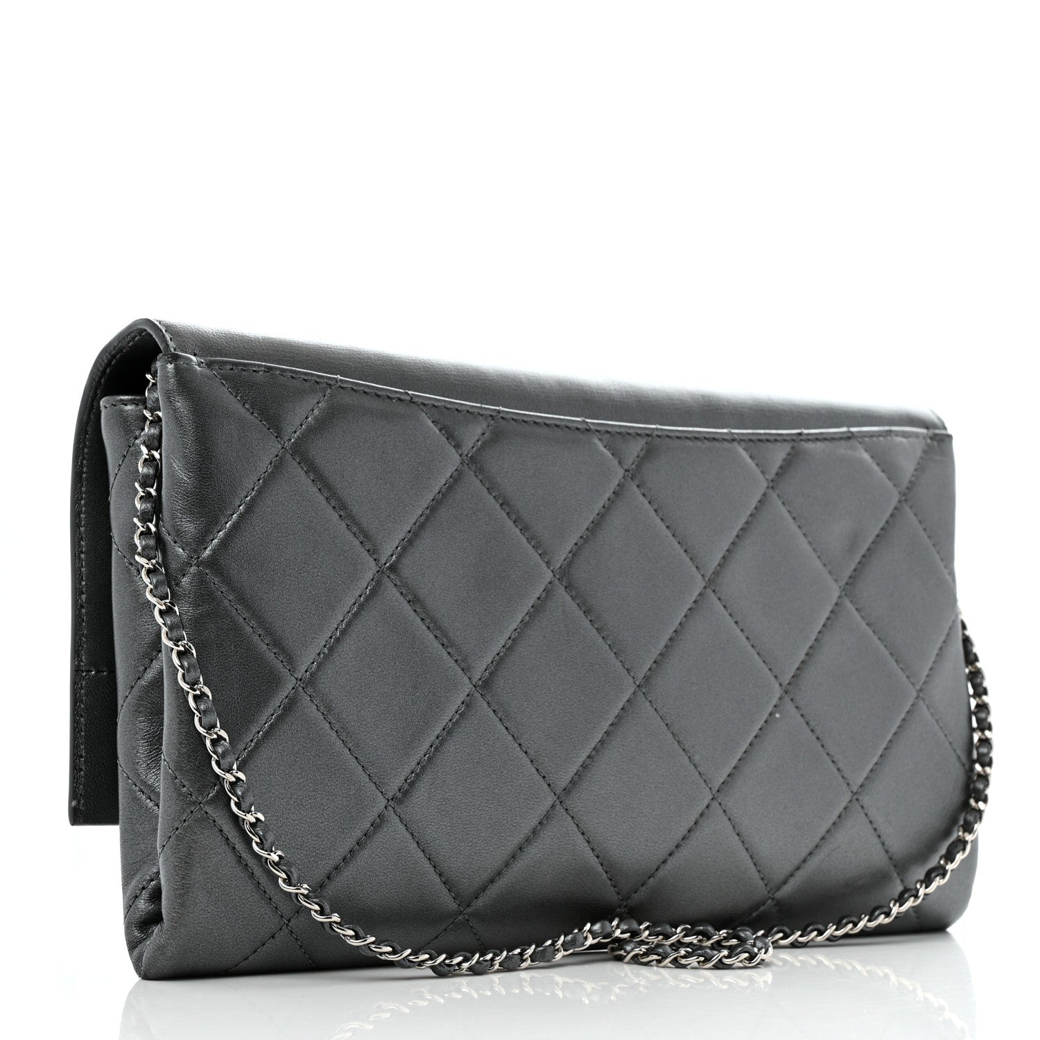 Chanel Metallic Lambskin Quilted Retro Label Clutch Charcoal Grey 3 of 14