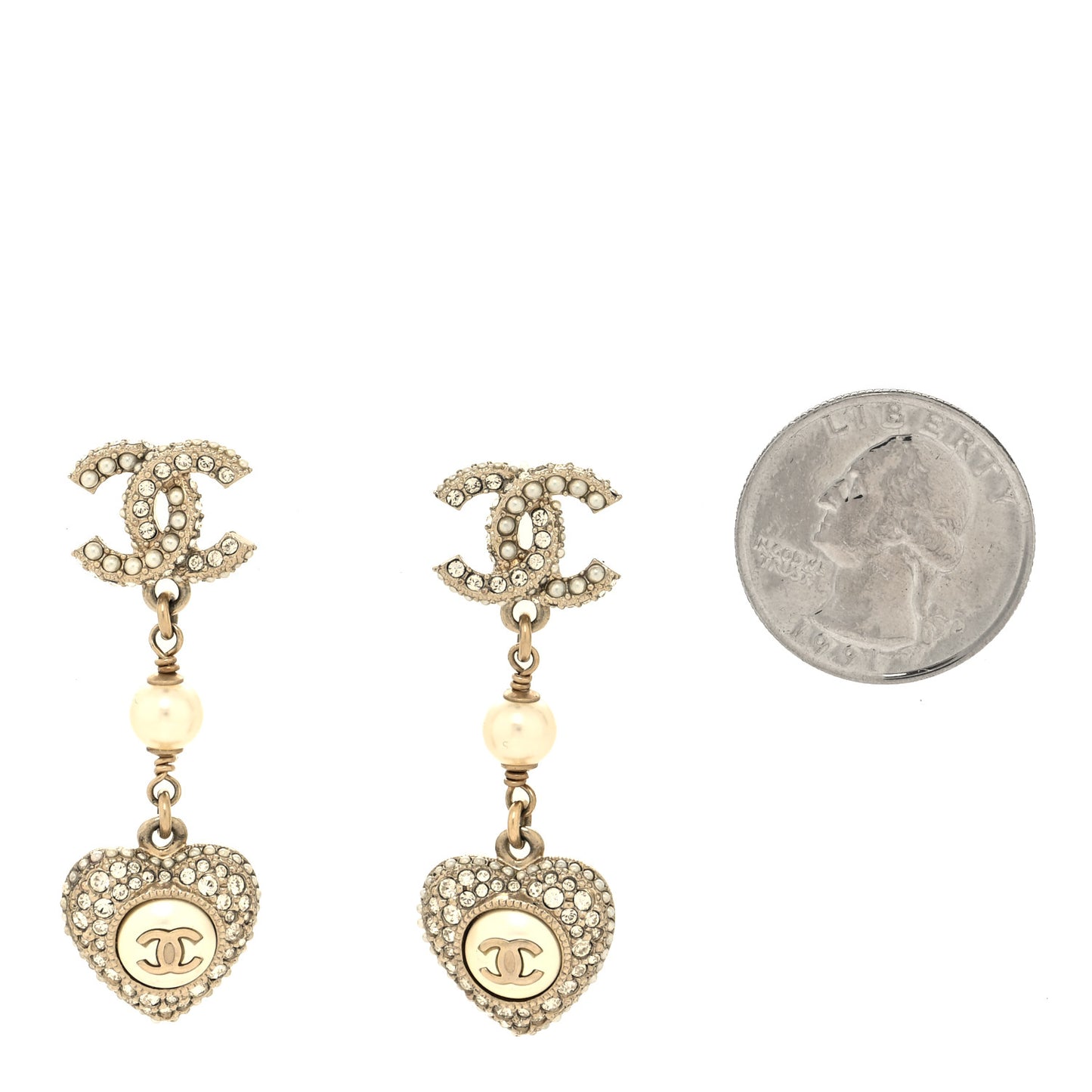 Pearl Crystal CC Heart Drop Earrings Gold White