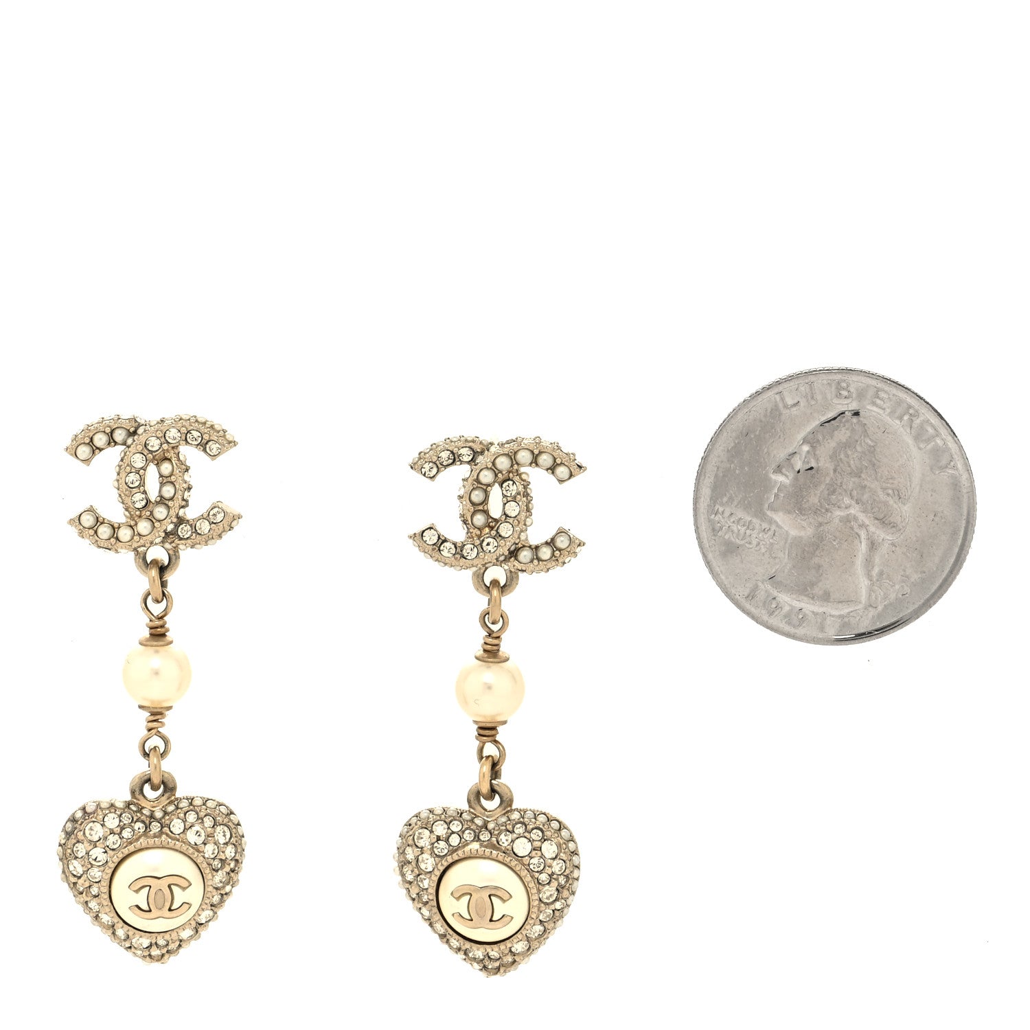 Chanel Pearl Crystal CC Heart Drop Earrings Gold White 2 of 4