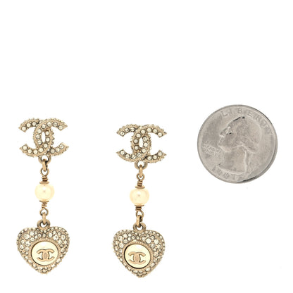 Chanel Pearl Crystal CC Heart Drop Earrings Gold White 2 of 4