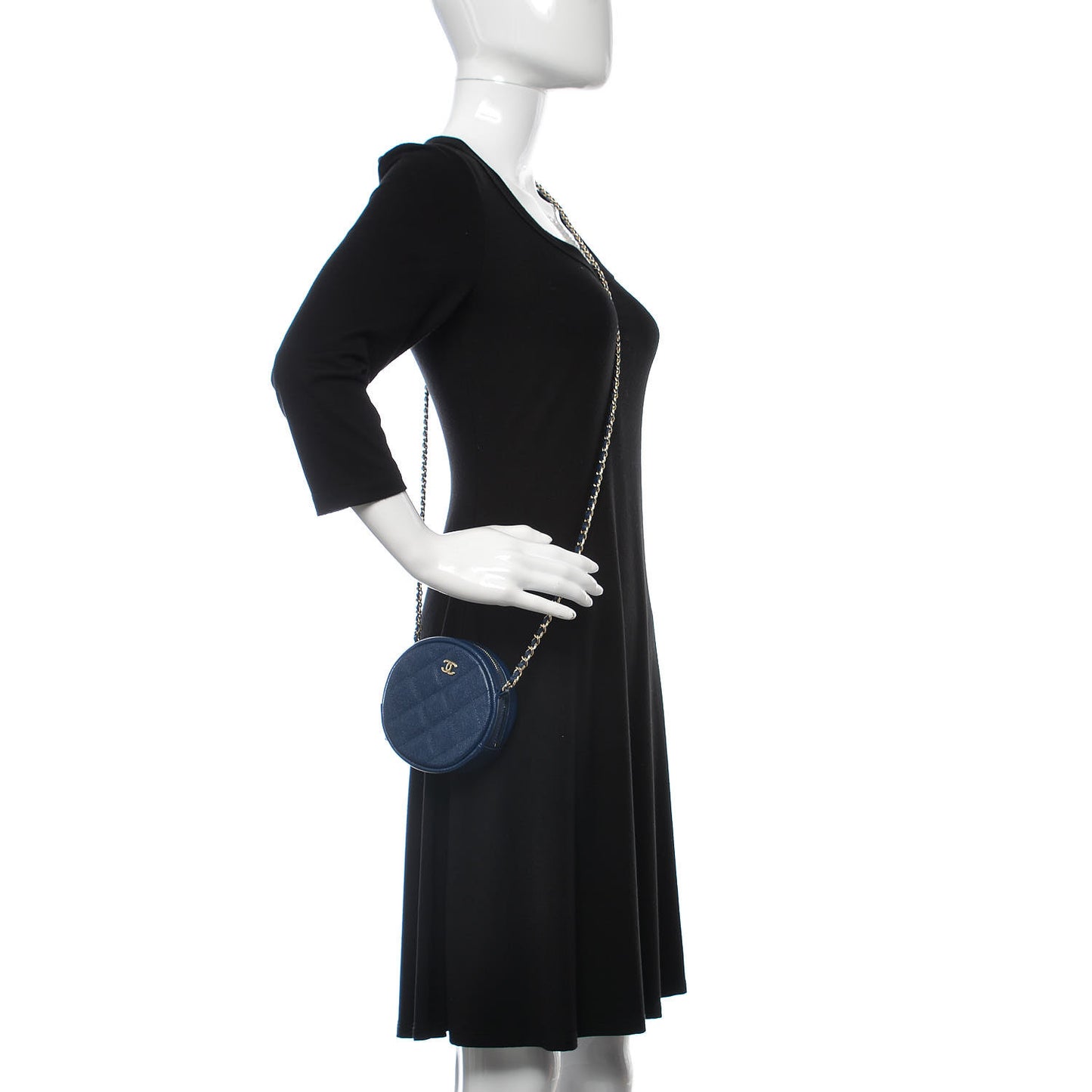 Caviar Quilted Round Clutch With Chain Navy