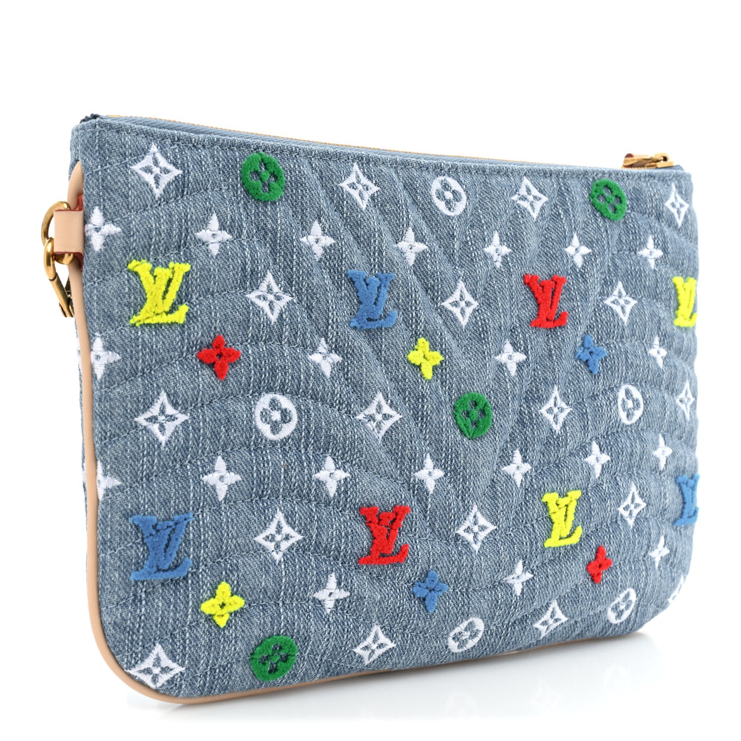 Embroidered Monogram Denim New Wave Zipped Pochette Blue