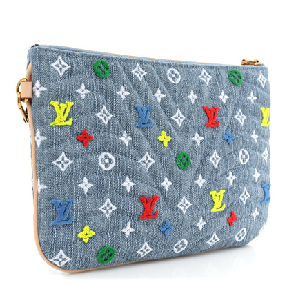 Louis Vuitton Embroidered Monogram Denim New Wave Zipped Pochette Blue 3 of 10