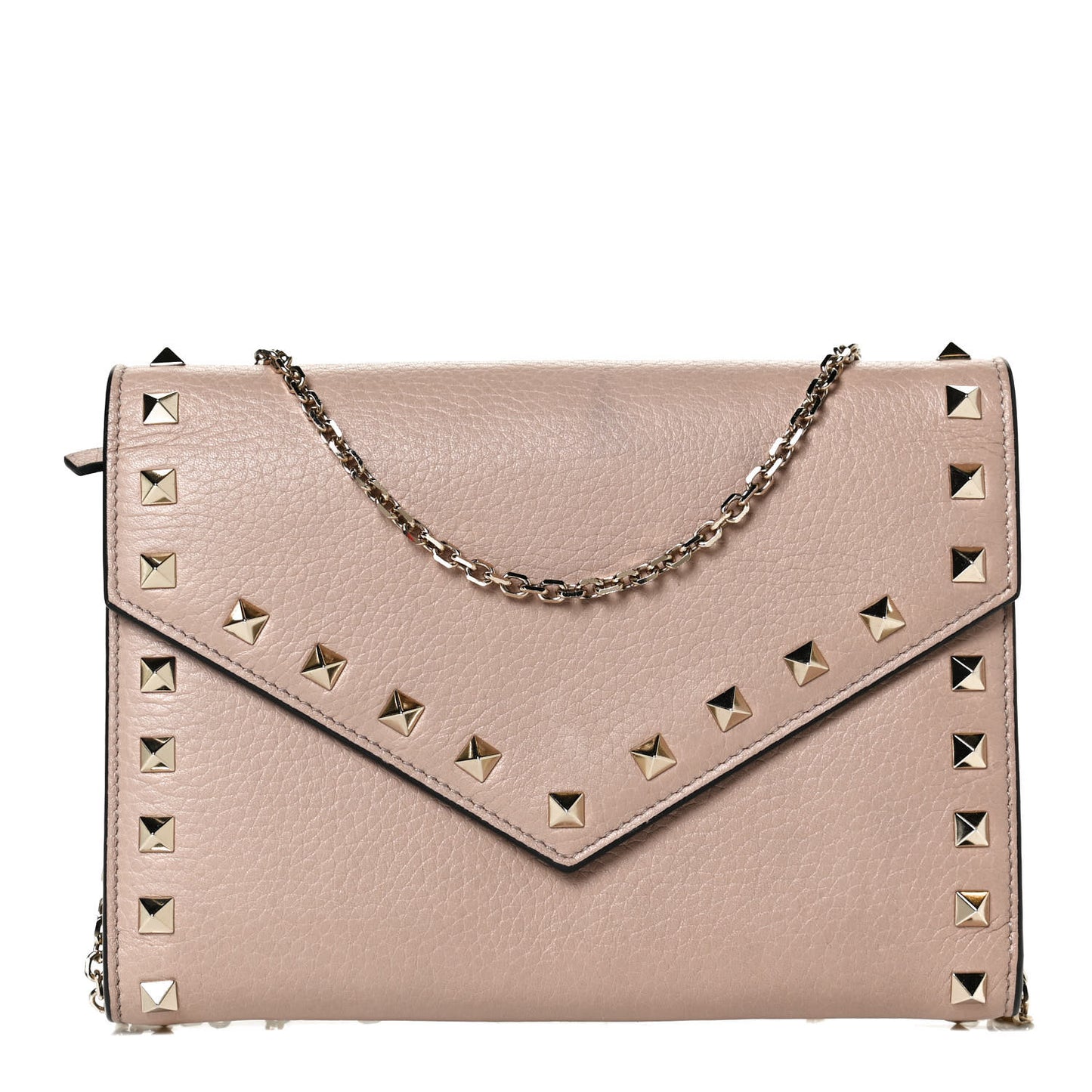 Pebbled Calfskin Rockstud Envelope Wallet on Chain Poudre
