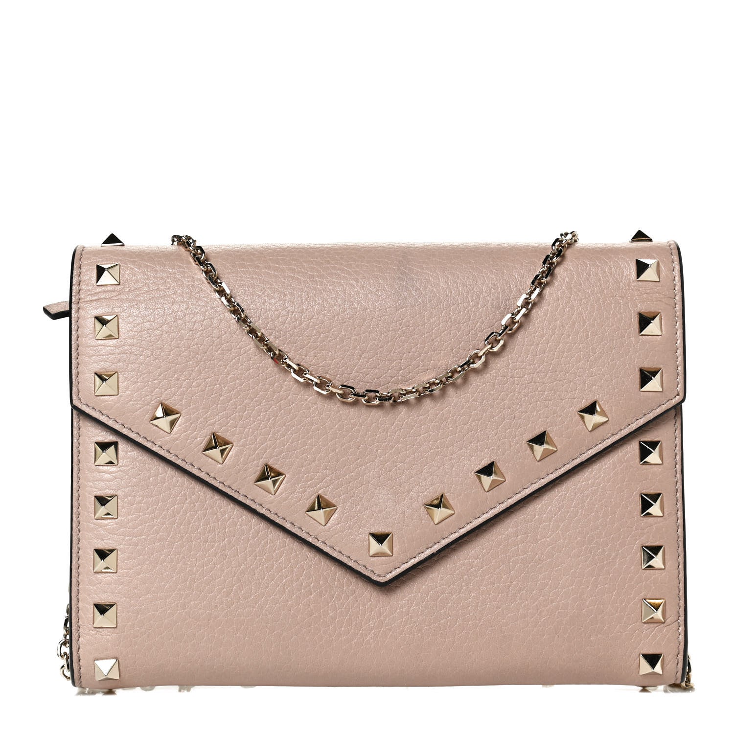 Valentino Garavani Pebbled Calfskin Rockstud Envelope Wallet on Chain Poudre 1 of 9