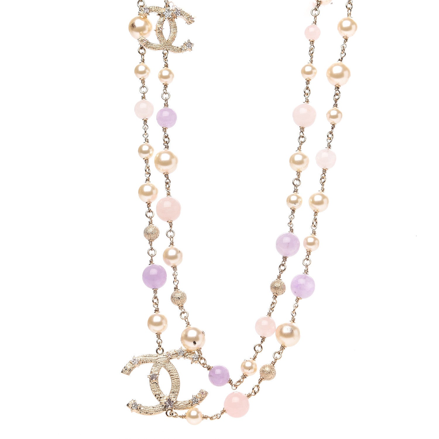Chanel Crystal Pearl Beaded Star CC Necklace Gold Purple 1 of 5
